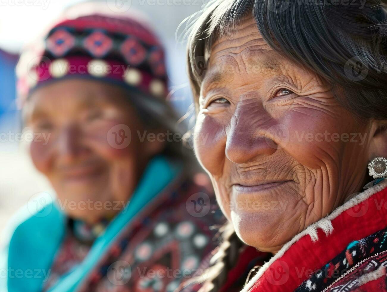 AI generated Smiling native Inuit indigenous people of Greenland dressed in colorful native clothes photo