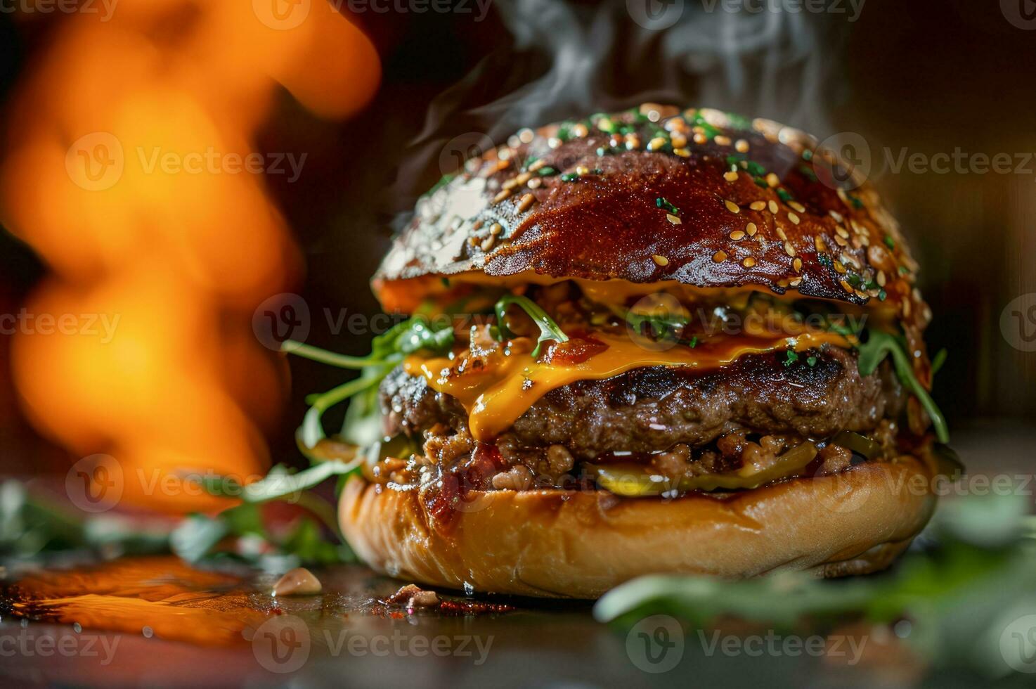 AI generated Fresh tasty beef burger with onion, cheese and vegetables. Junk food and fast food concept photo