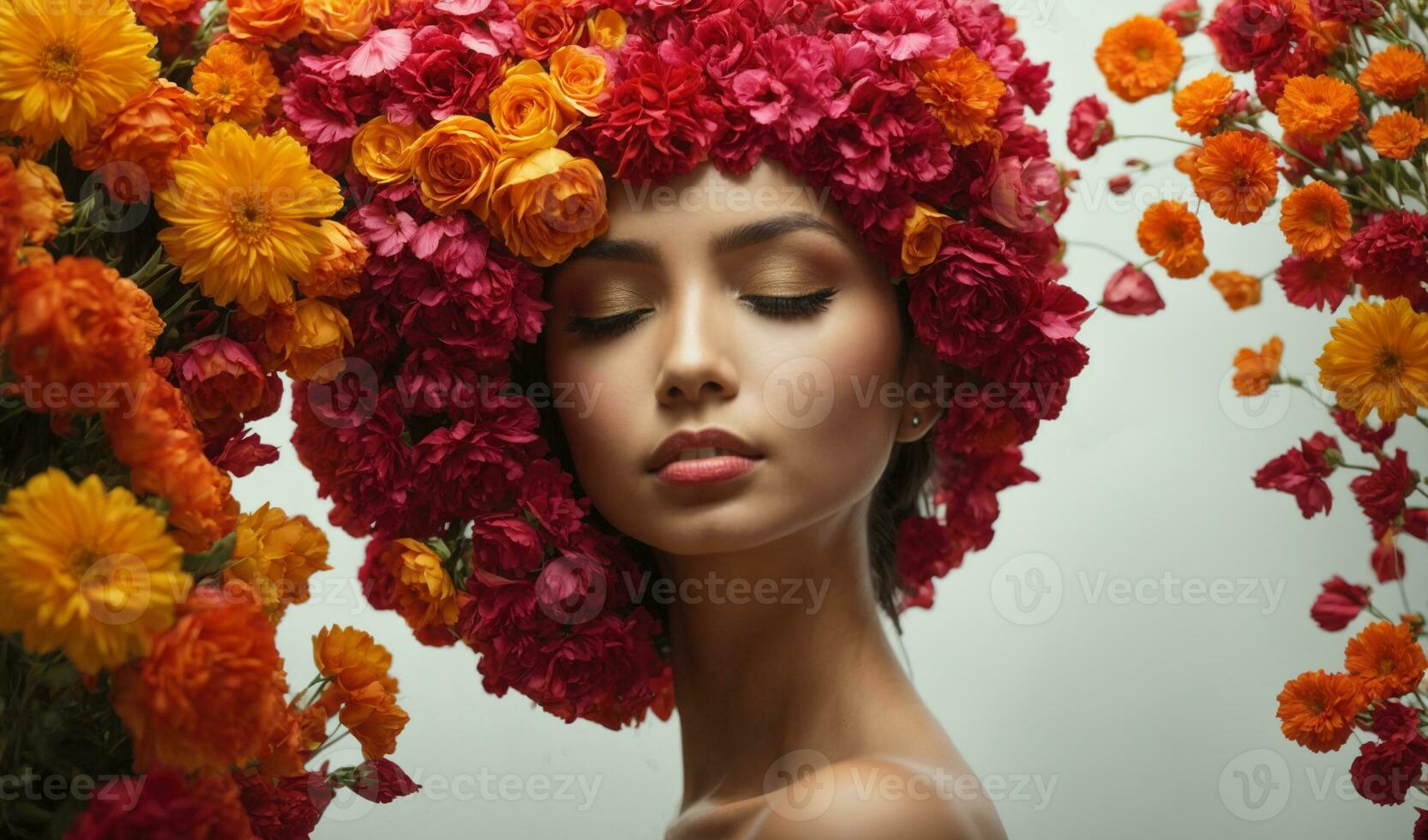 concepto de internacional madre día con flores y contento mujer foto