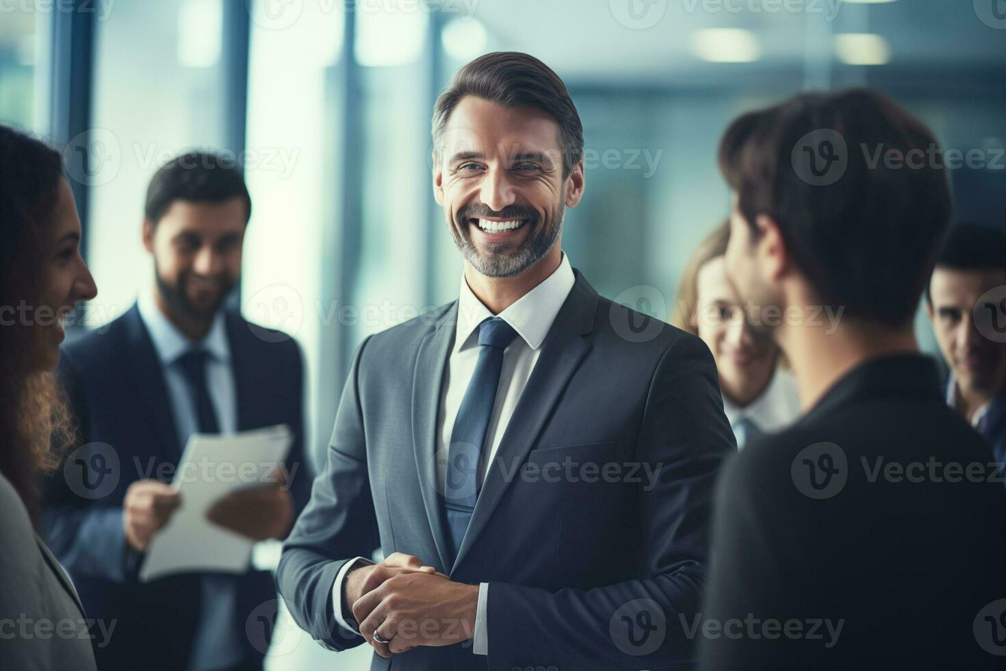 AI generated Diverse successful corporate businessman and marketer team showing teamwork and success strategy photo
