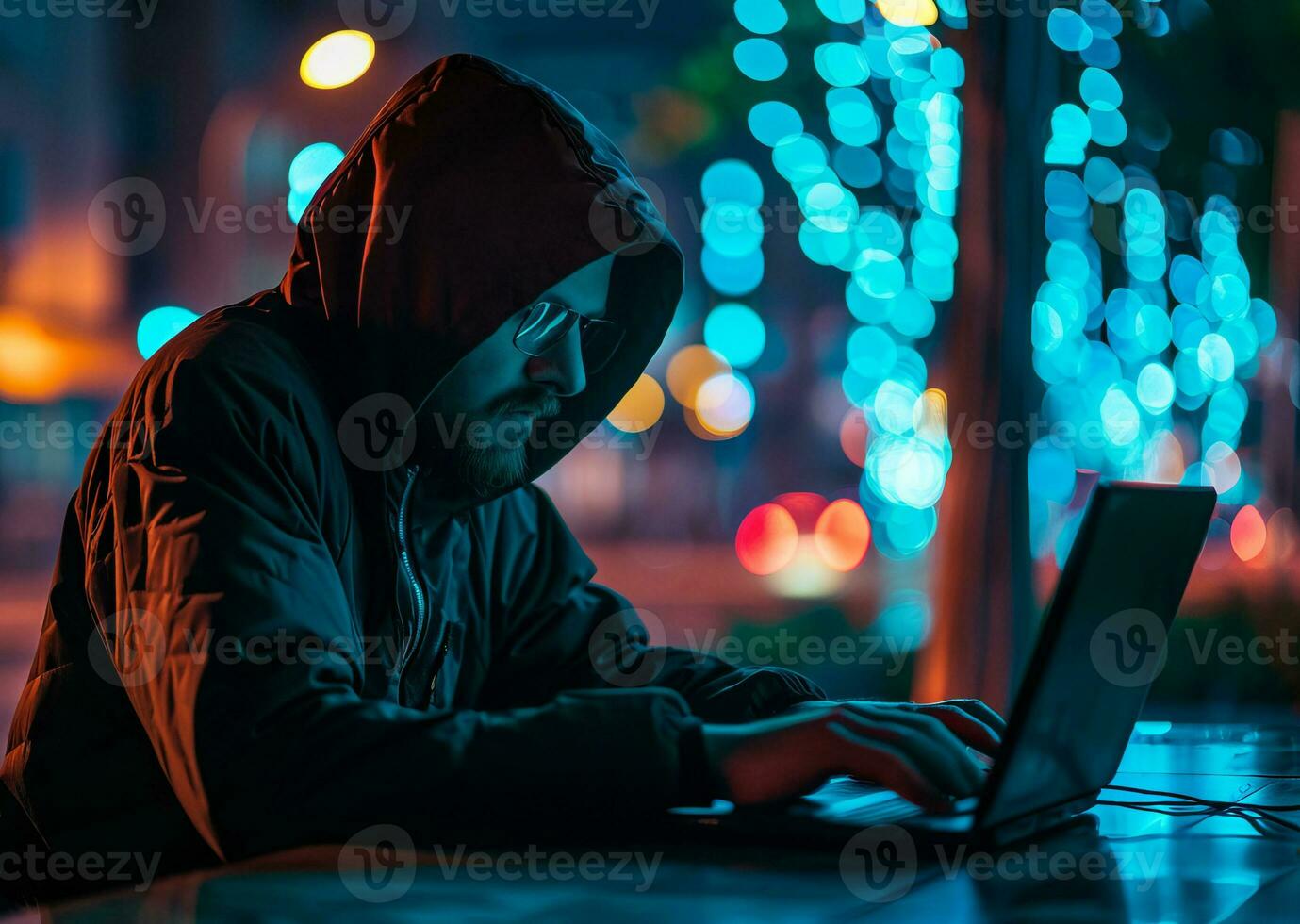 AI generated Hacker breaching security of banking corporate network engaging in DOS attacks and planting viruses photo