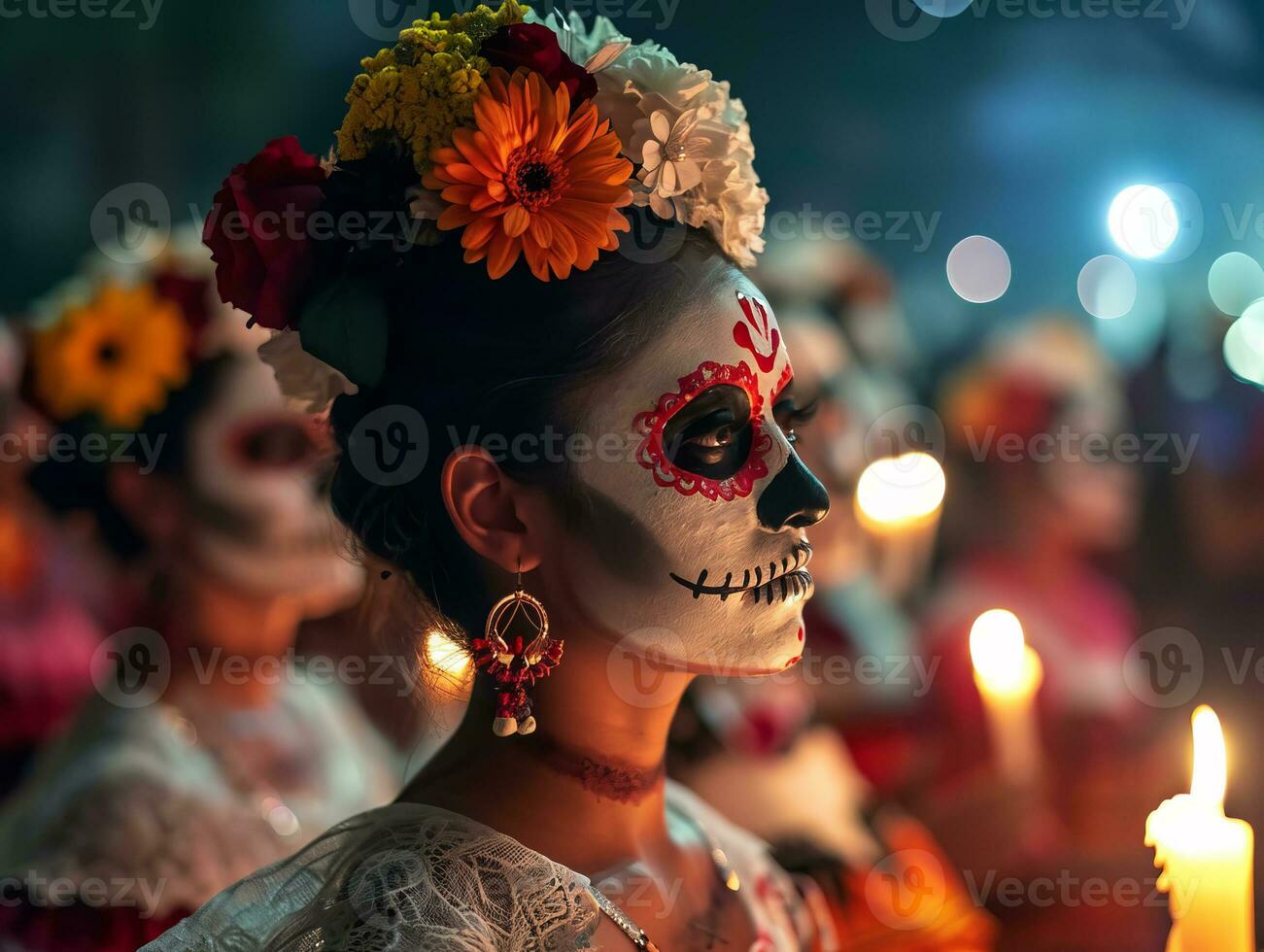 ai generado mexicano fiesta día de el muerto, azteca celebracion cuando familias honor su ancestros foto