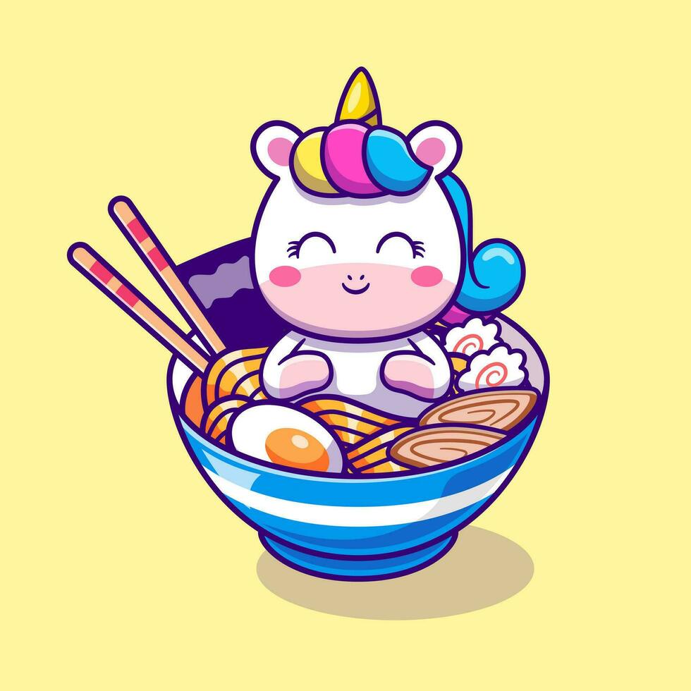 Cute Unicorn In Ramen Bowl Cartoon Vector Icon Illustration. Animal Food Icon Concept Isolated Premium Vector. Flat Cartoon Style