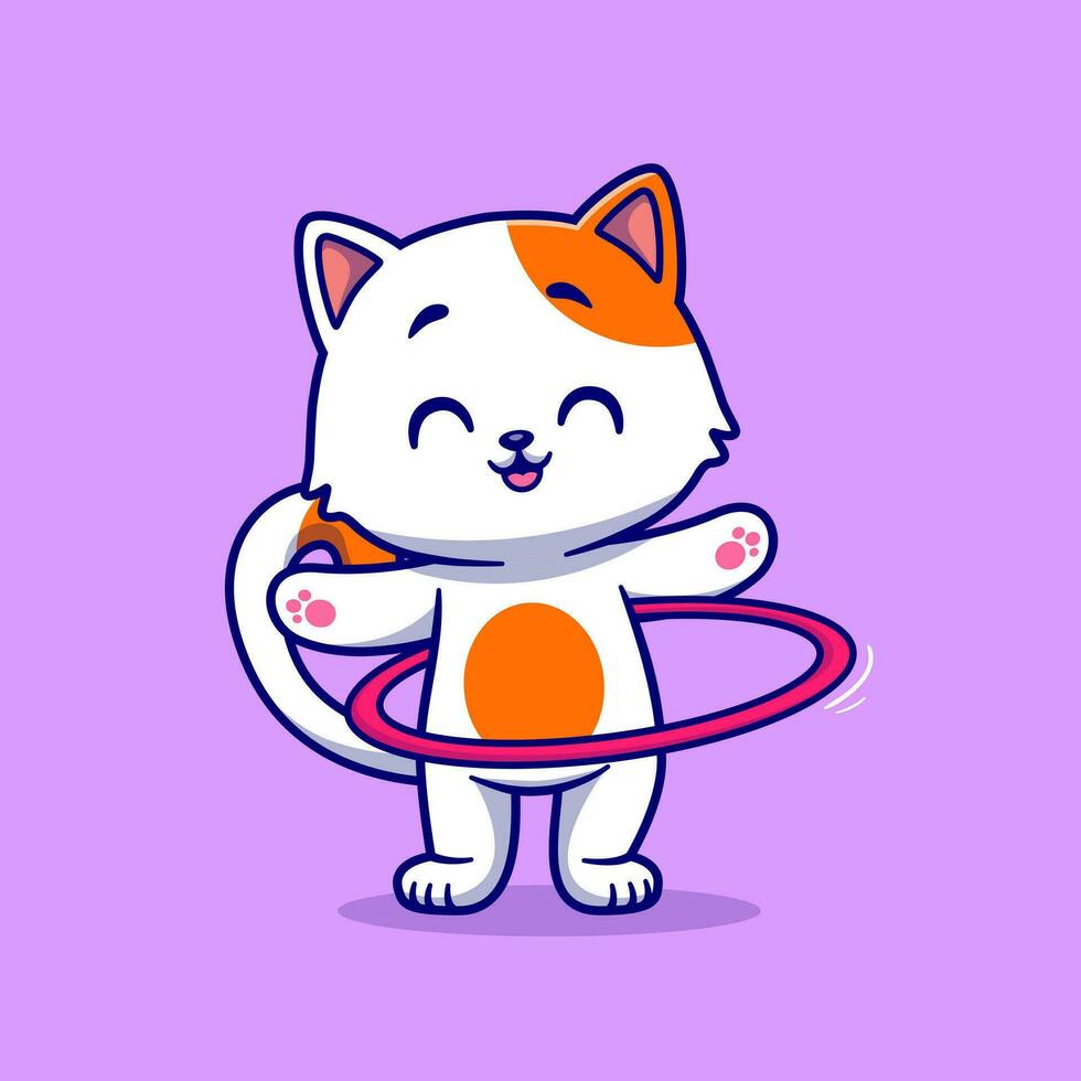 Cute Cat Playing Hula Hoop Cartoon Vector Icon Illustration. Animal Sport Icon Concept Isolated Premium Vector. Flat Cartoon Style