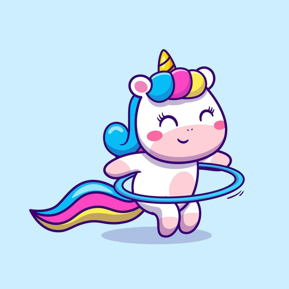 linda unicornio jugando hula aro dibujos animados vector icono ilustración. animal deporte icono concepto aislado prima vector. plano dibujos animados estilo