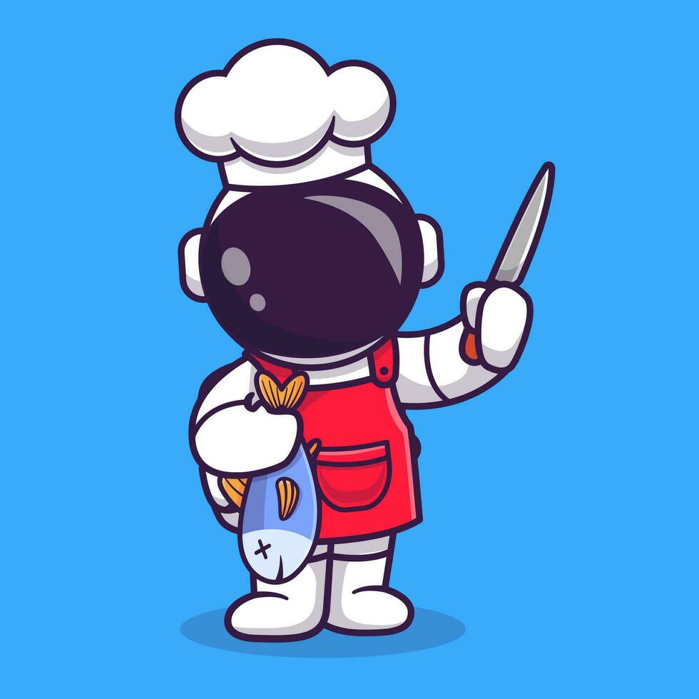 Cute Astronaut Chef With Fish And Knife Cartoon Vector Icon Illustration. Science Food Icon Concept Isolated Premium Vector. Flat Cartoon Style