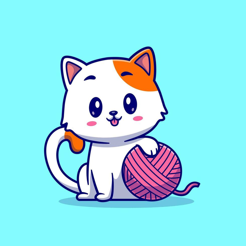 Cute Cat Playing Yarn Ball Cartoon Vector Icon Illustration. Animal Nature Icon Concept Isolated Premium Vector. Flat Cartoon Style
