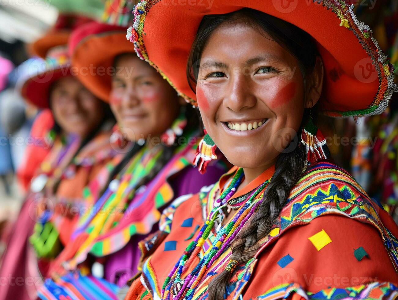ai generado sonriente nativo indígena personas de Perú vestido en vistoso nativo ropa foto