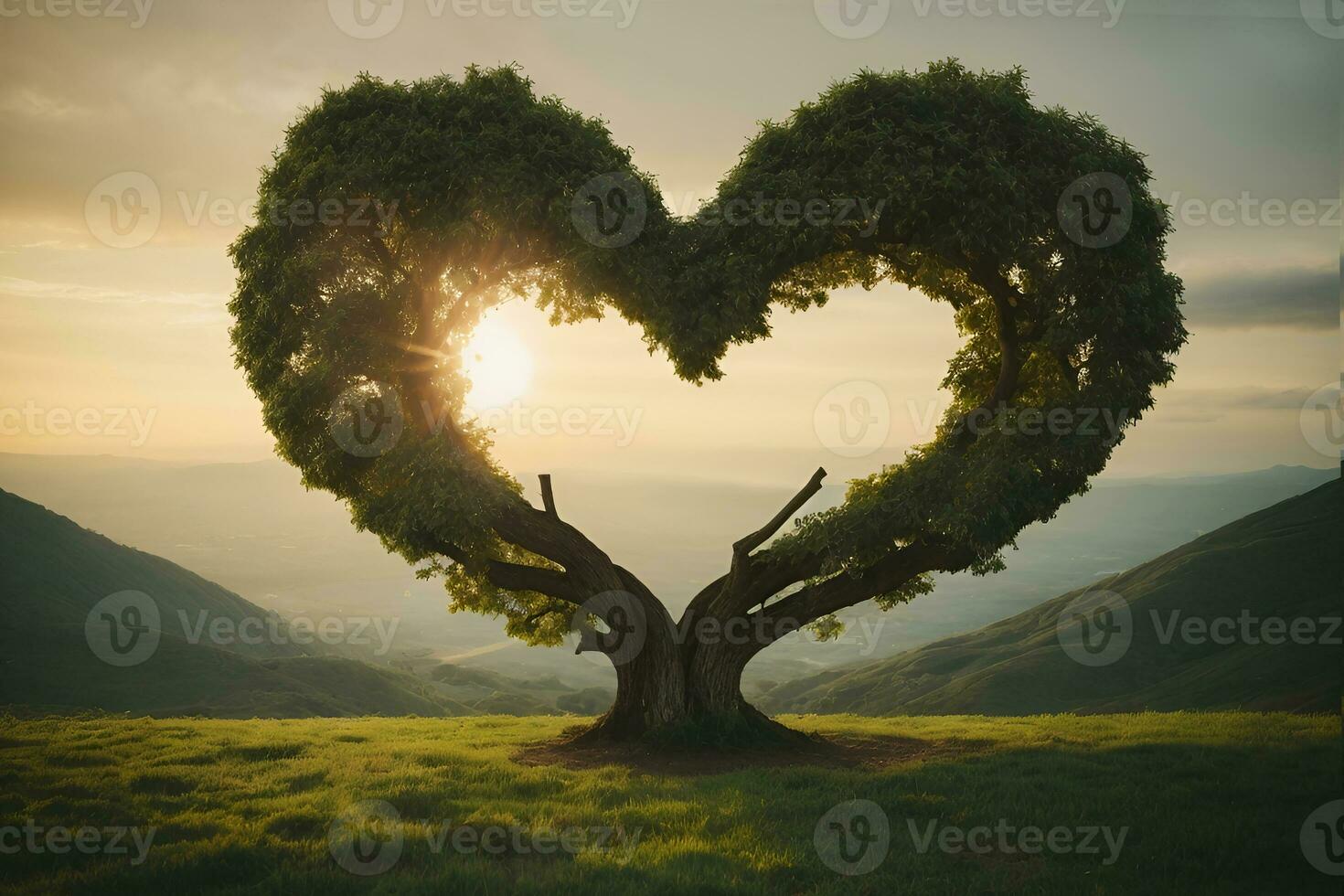 AI Generated Concept of a heart shaped tree that illustrates love to the nature, calmness and happiness photo