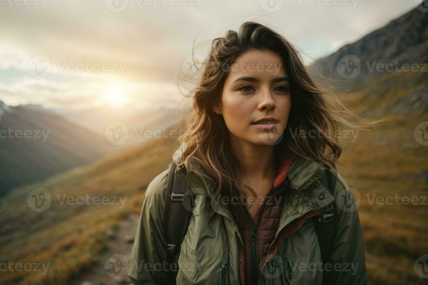 AI generated Sporty fit young diverse woman athlete running on a mountain trek with sun in the background photo