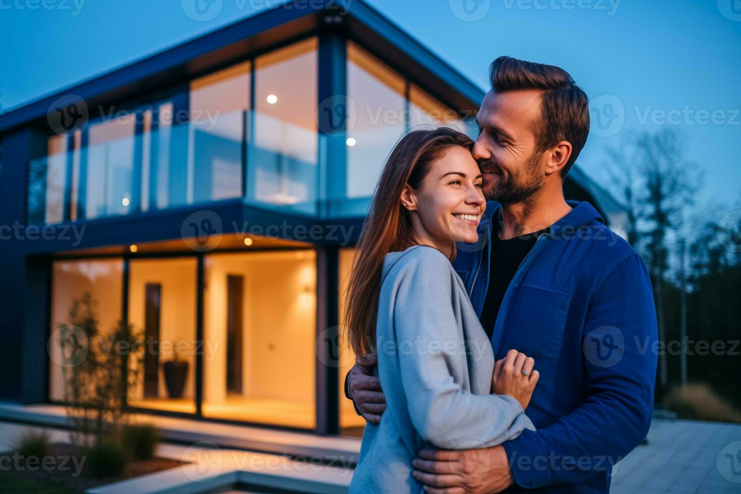 ai generado contento Pareja hogar propietarios en frente de casa ellos compró. concepto de hogar propiedad y felicidad foto