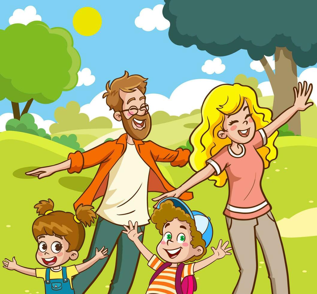 contento familia madre, padre, niño hijo y hija en naturaleza vector