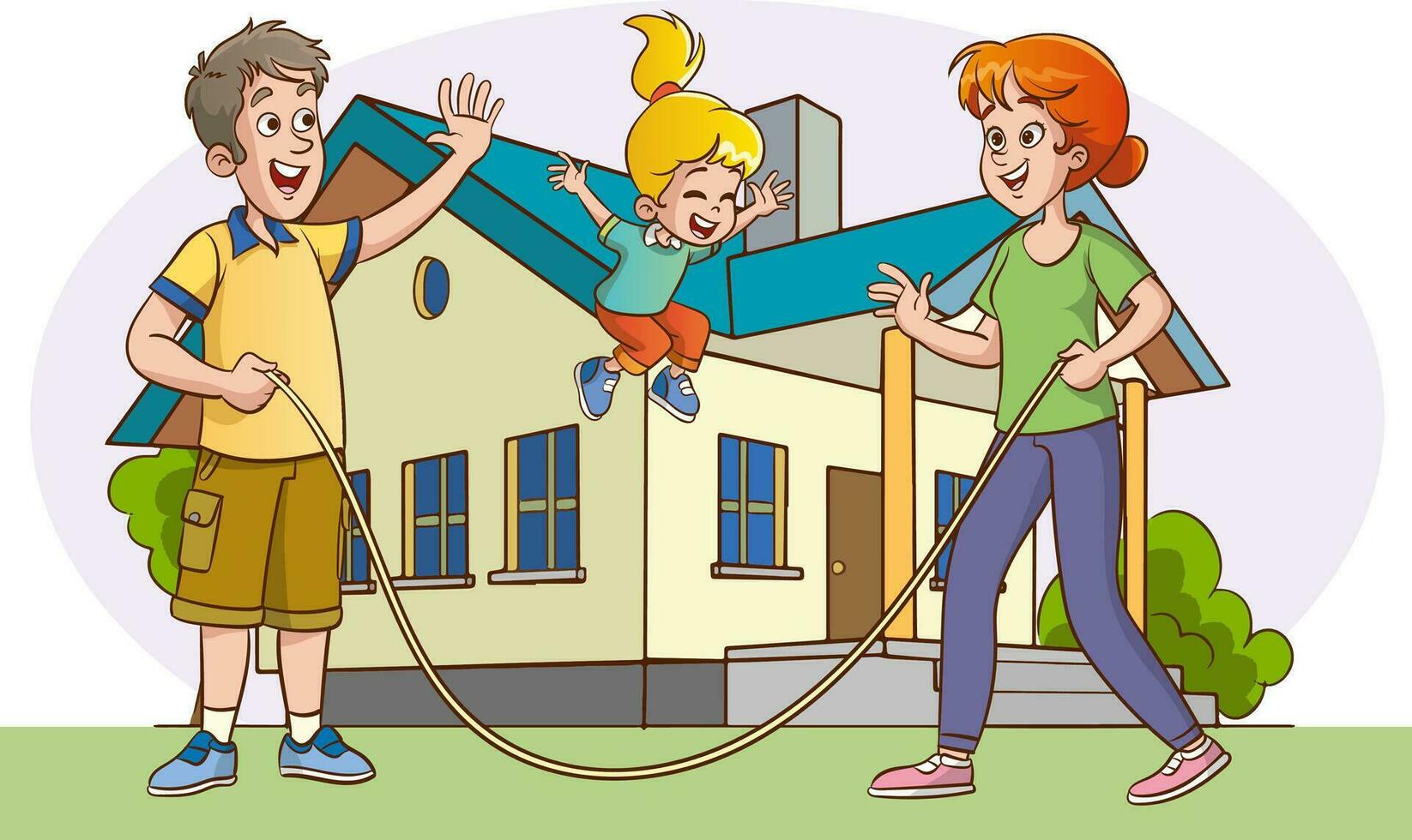 Happy family playing jumping rope in front of their house. Vector illustration.