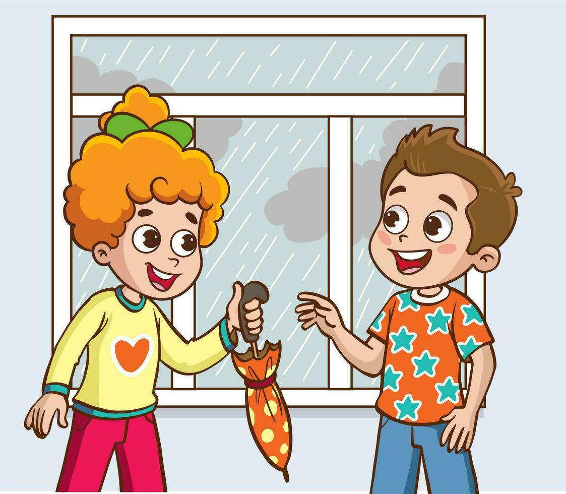 vector illustration of girl giving umbrella to her friend