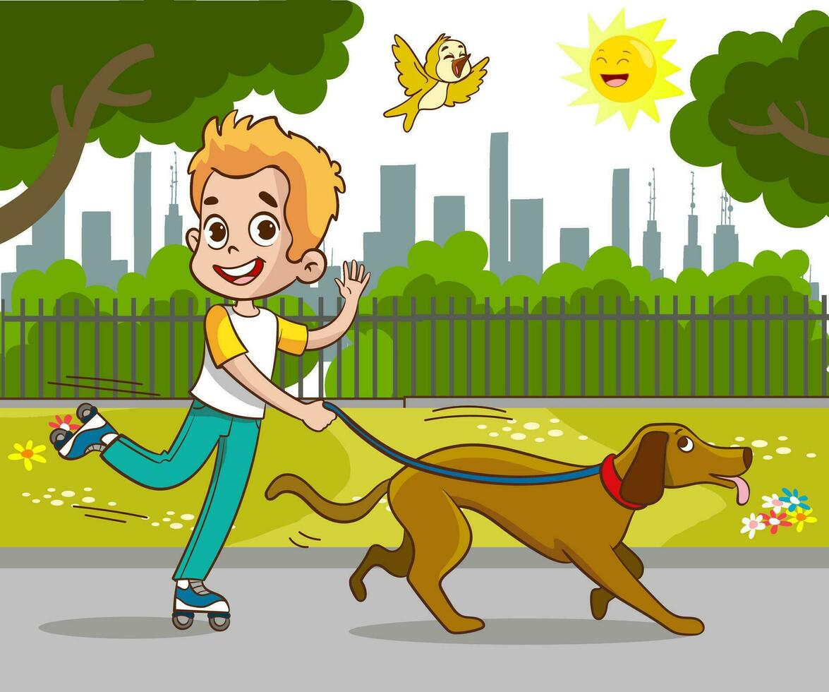 vector illustration of children playing and loving with dog