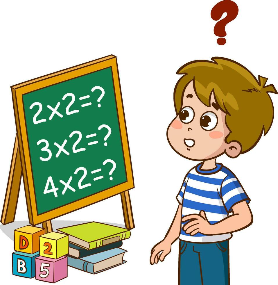 vector ilustración de un niño chico en pie junto a un pizarra con pregunta marca