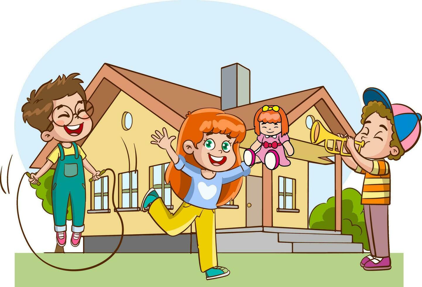 Children Playing in the Yard of Their House Cartoon Style Vector Illustration