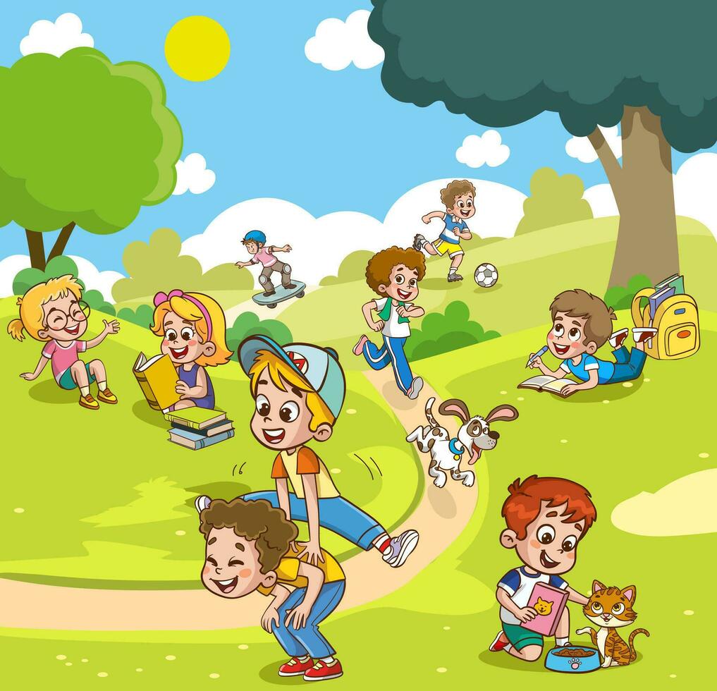 vector ilustración de contento niños jugando en el parque.