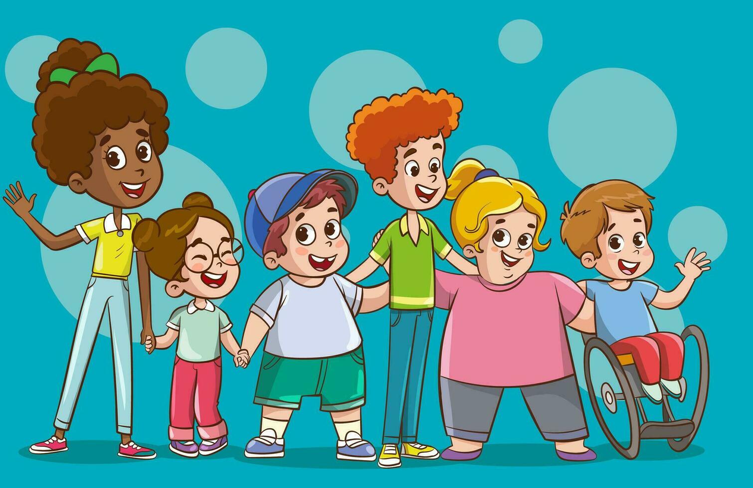 Happy kids cartoon collection. Multicultural children in different positions isolated on white background vector