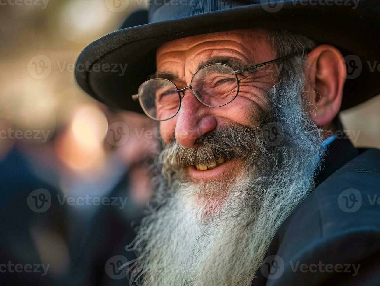 ai generado sonriente judios judío ortodoxo hombres vestido en negro ropa y sombreros foto