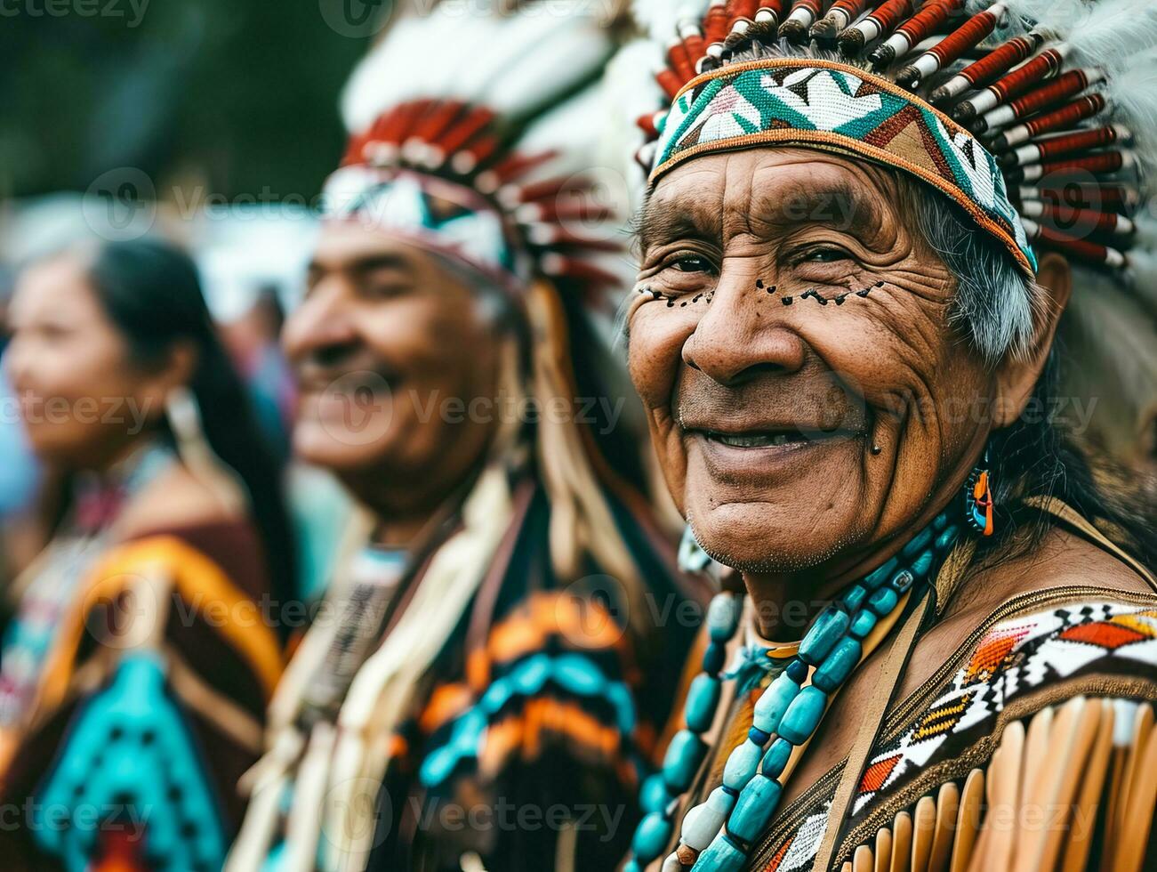 ai generado sonriente nativo indígena personas de EE.UU, nativo americanos vestido en vistoso nativo ropa foto