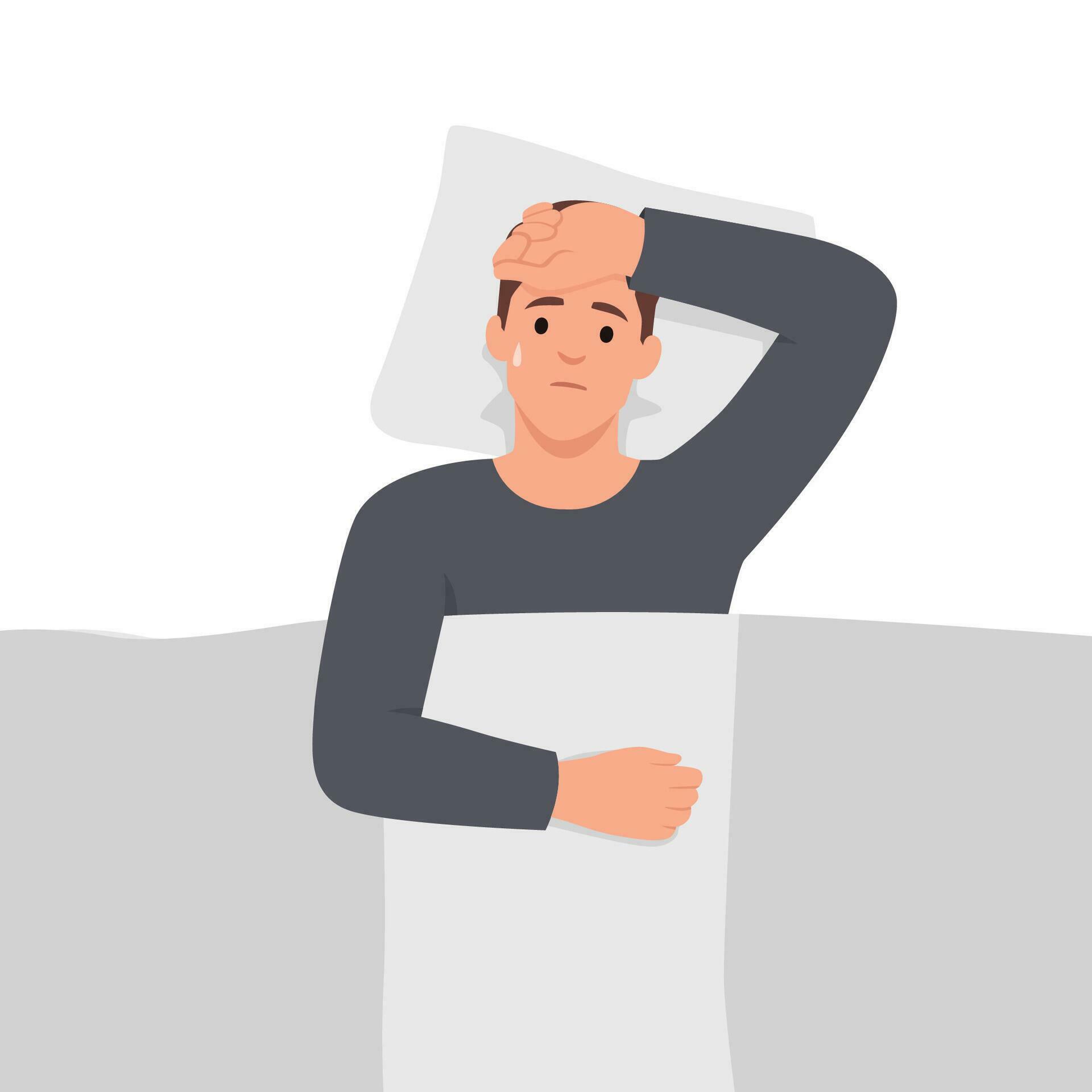 Man lying in bed with flu symptoms. Sweating during sleep.Illustration of the symptoms of