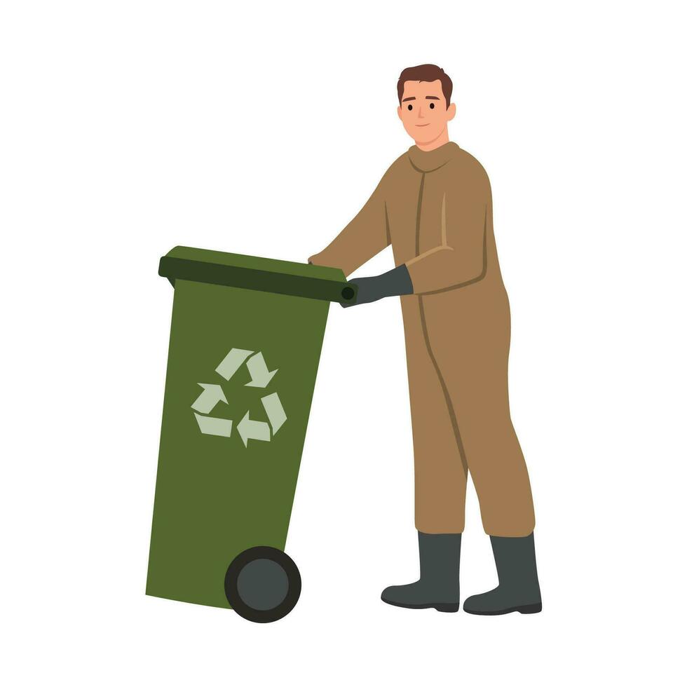ilustración de un basura coleccionista que lleva basura residuos basura compartimiento mirando a el lado vector