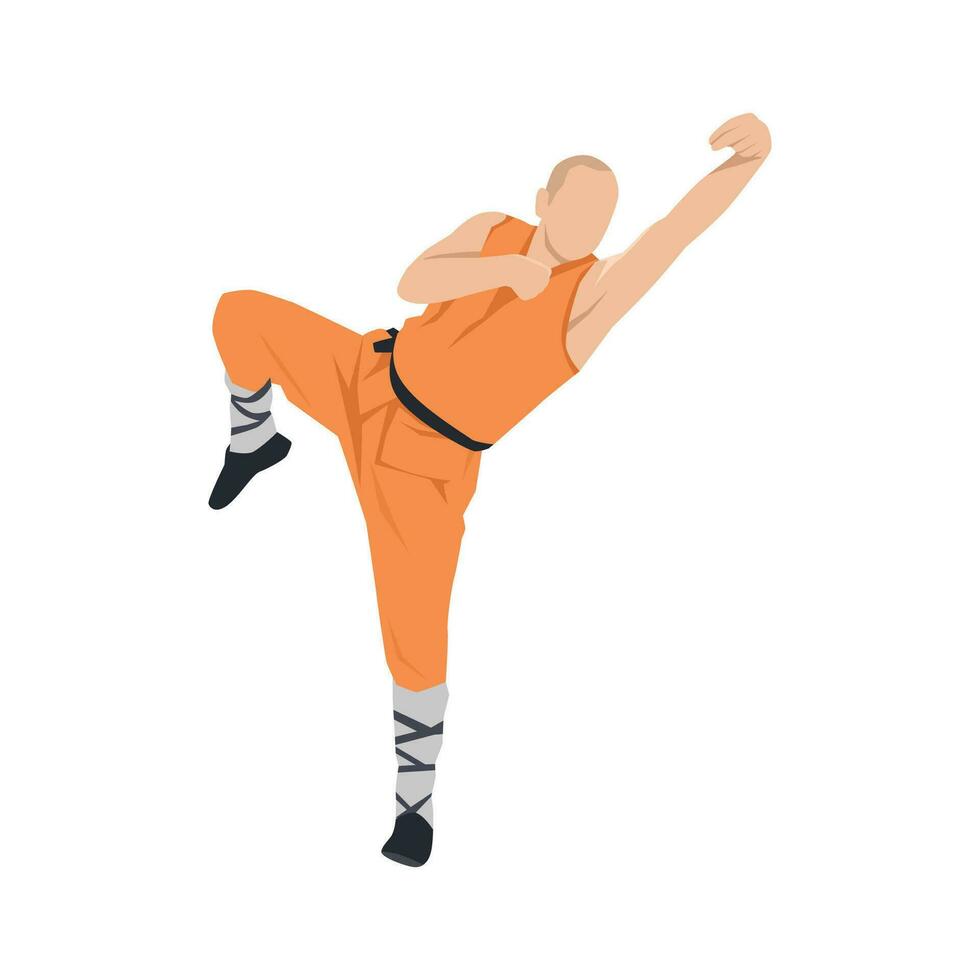 Young man doing kung fu fighting exercise. Energetic shaolin monk. vector