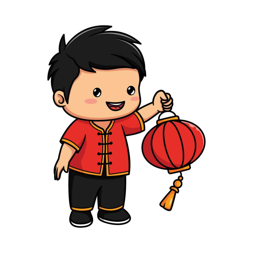 boy celebrating Chinese New Year by holding a lantern vector