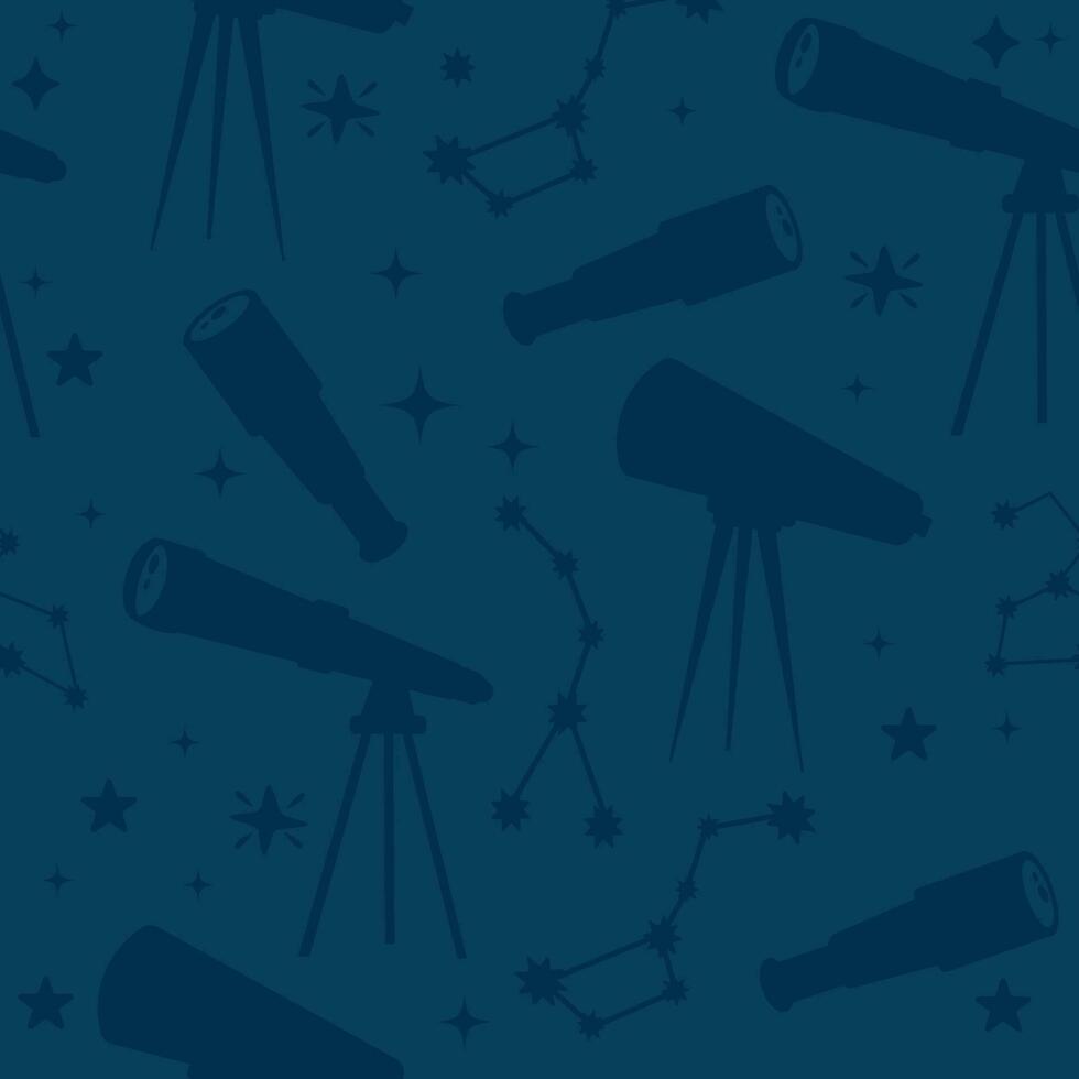 Seamless pattern silhouette of telescopes in flat cartoon style with stars vector