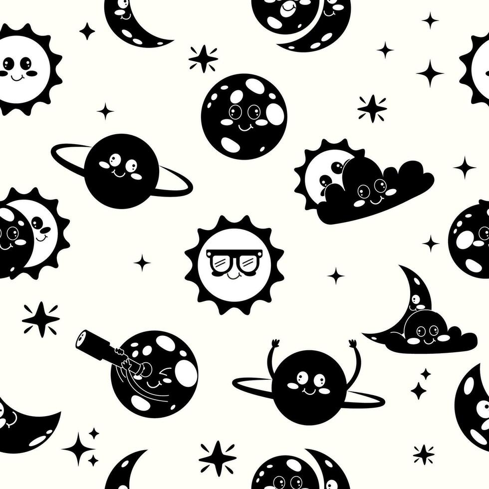 Seamless pattern silhouette kawaii solar eclipse in flat cartoon style