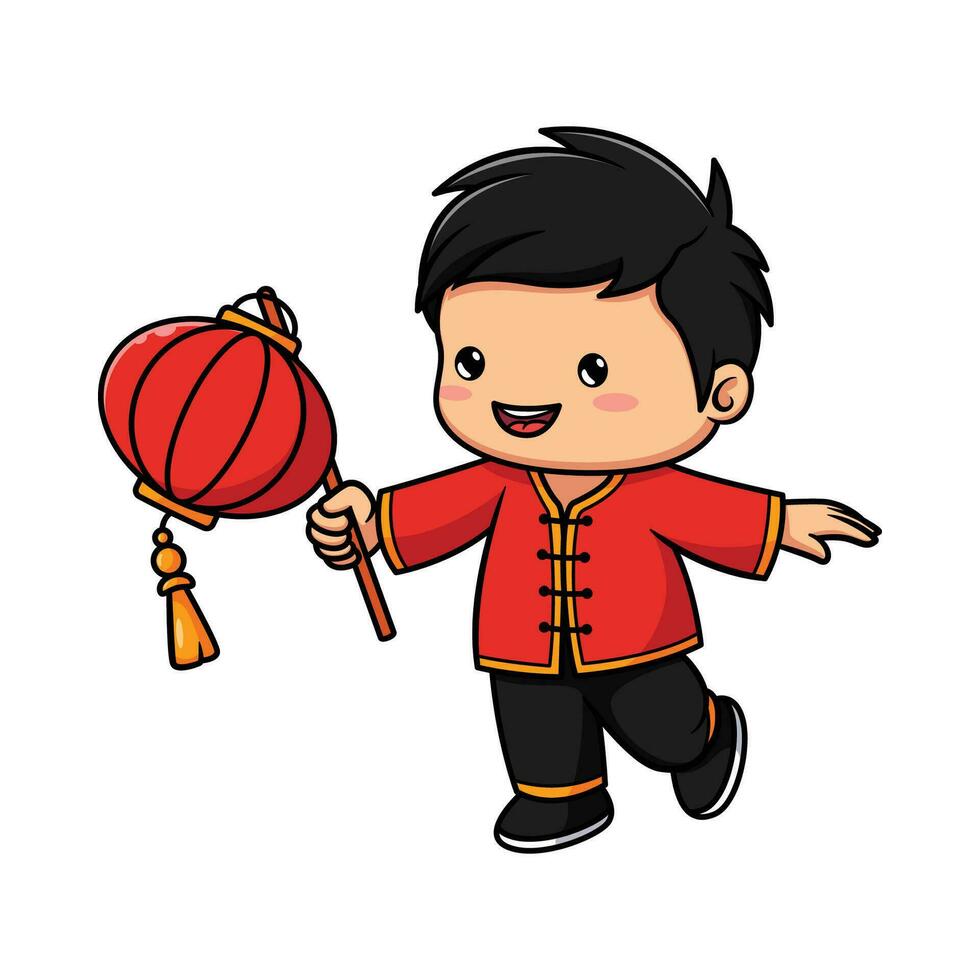 boy celebrating Chinese New Year by holding a lantern vector