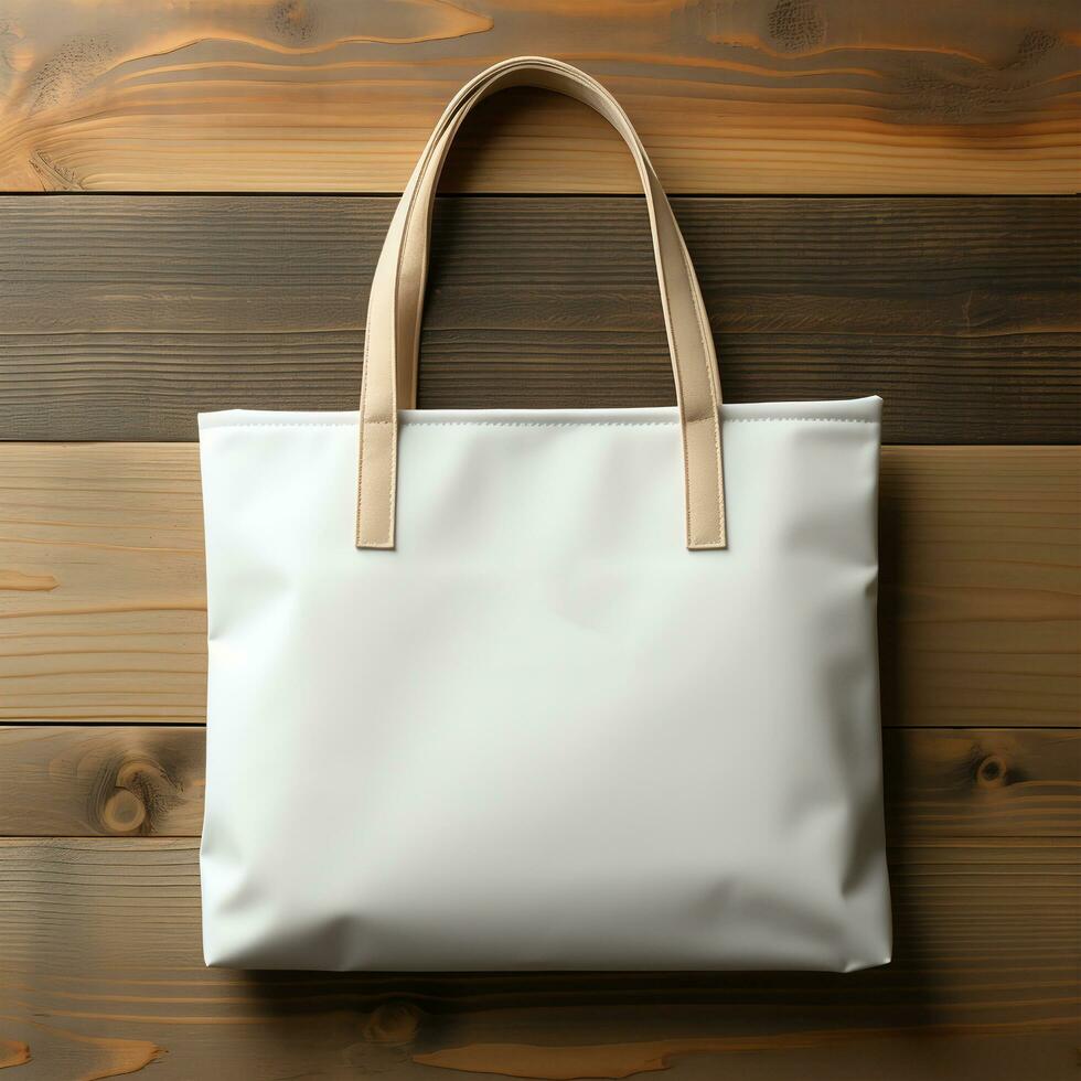 AI generated studio portrait mockup of plain white bag with wood pattern background, generative ai photo