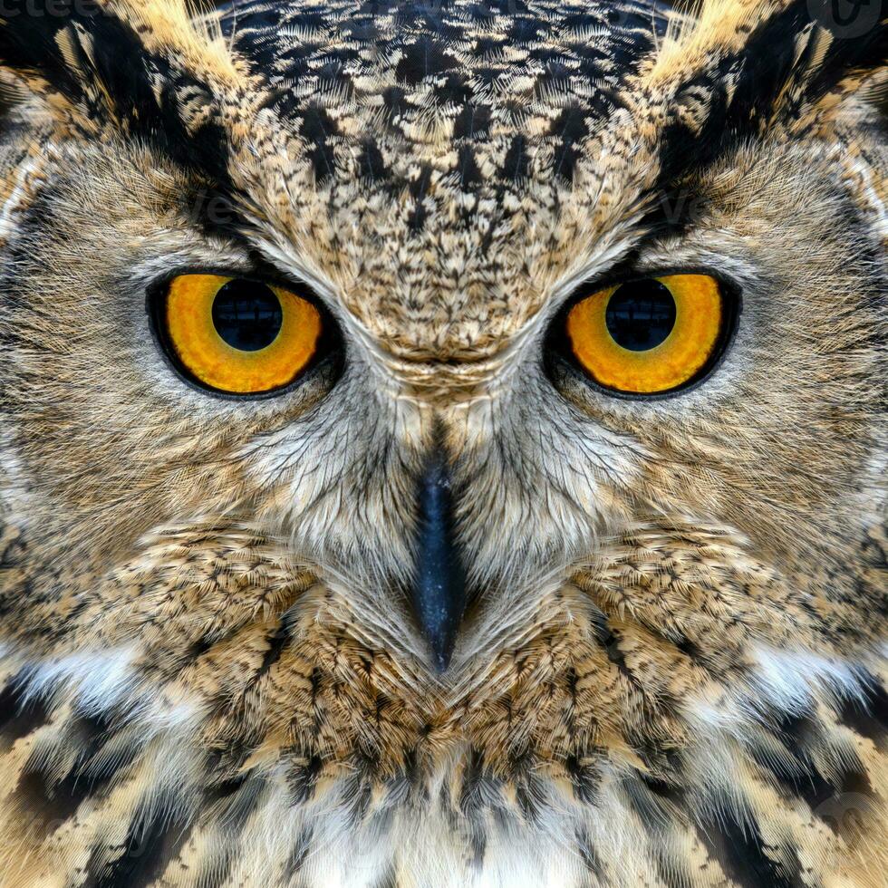 Owl looking big eyes out of the darkness close photo