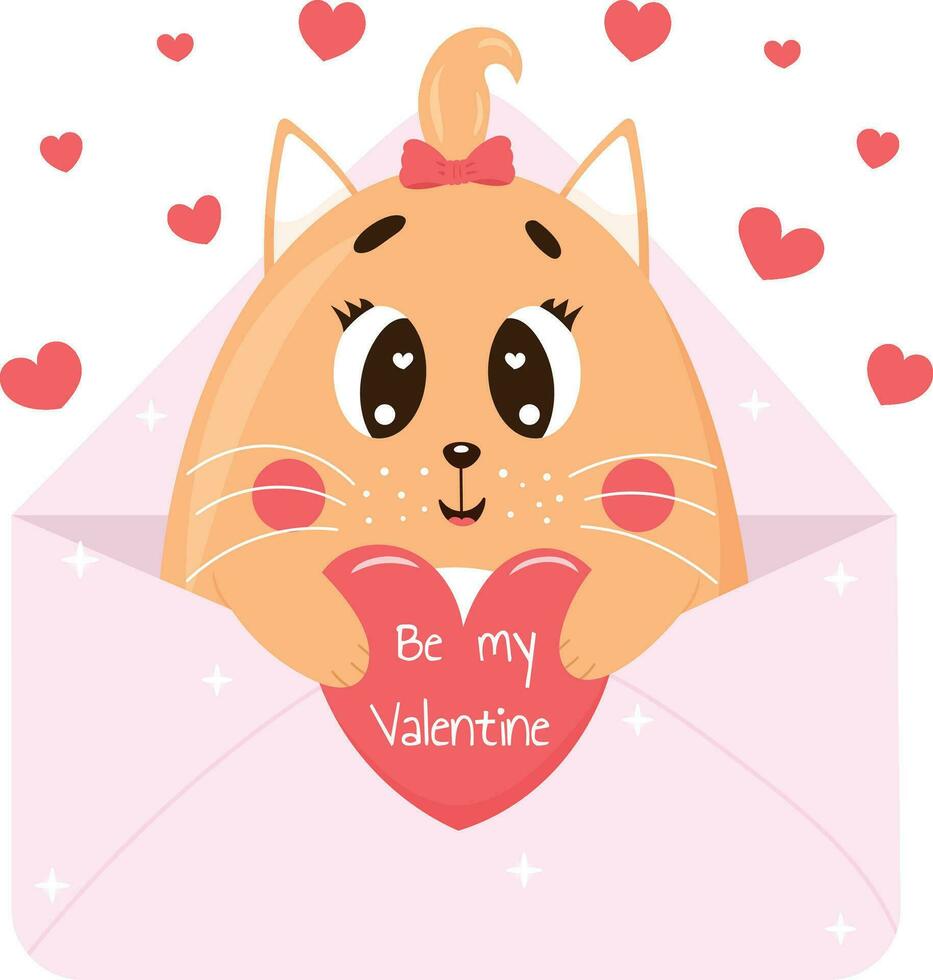 Cute cartoon cat girl in envelope with valentine card. Vector illustration for card, poster, banner