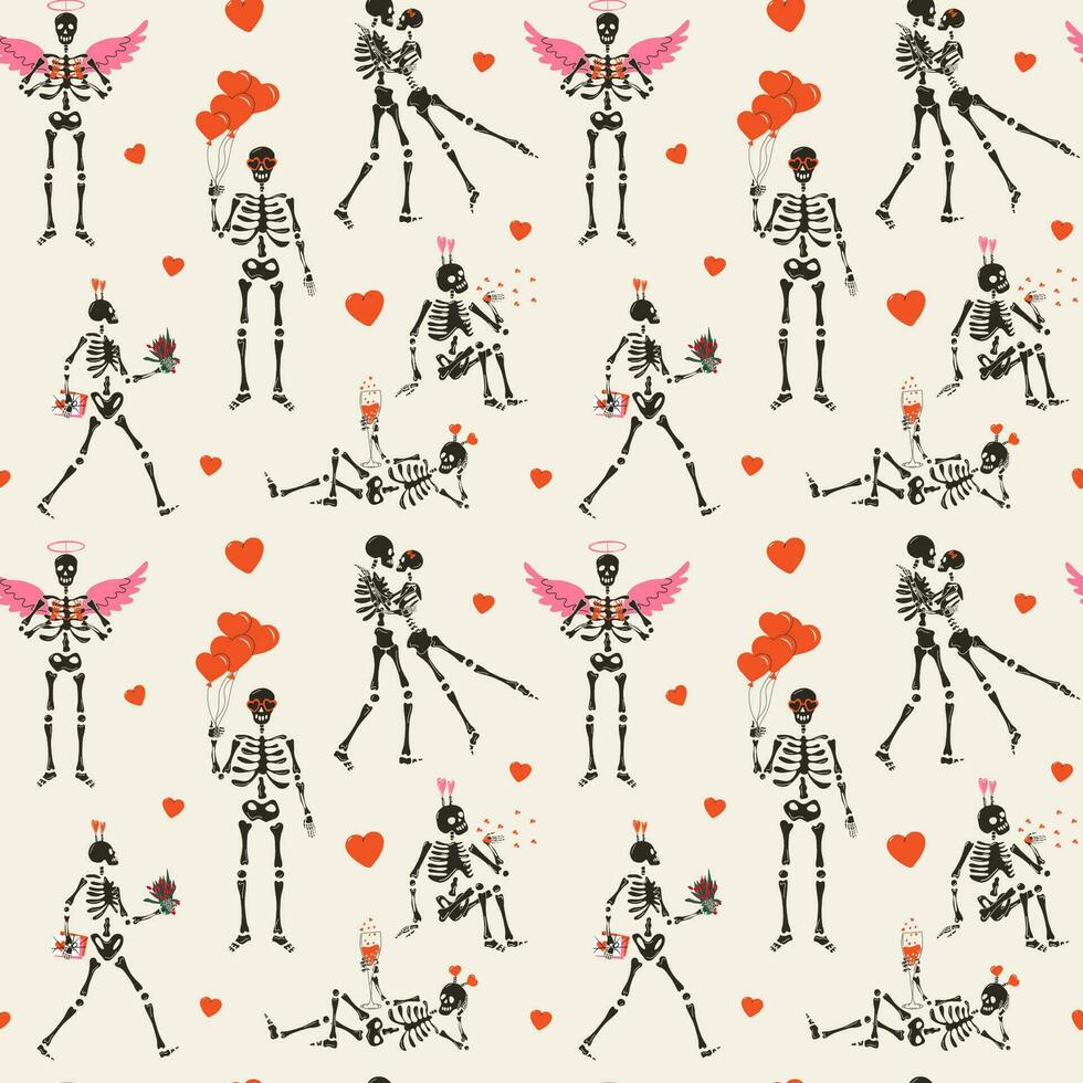 Seamless pattern with Funny Skeleton with decor for Valentine's day. vector