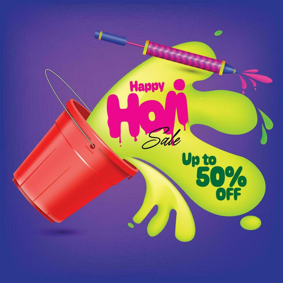 Holi sale special offer template. color splash coming out from bucket. vector