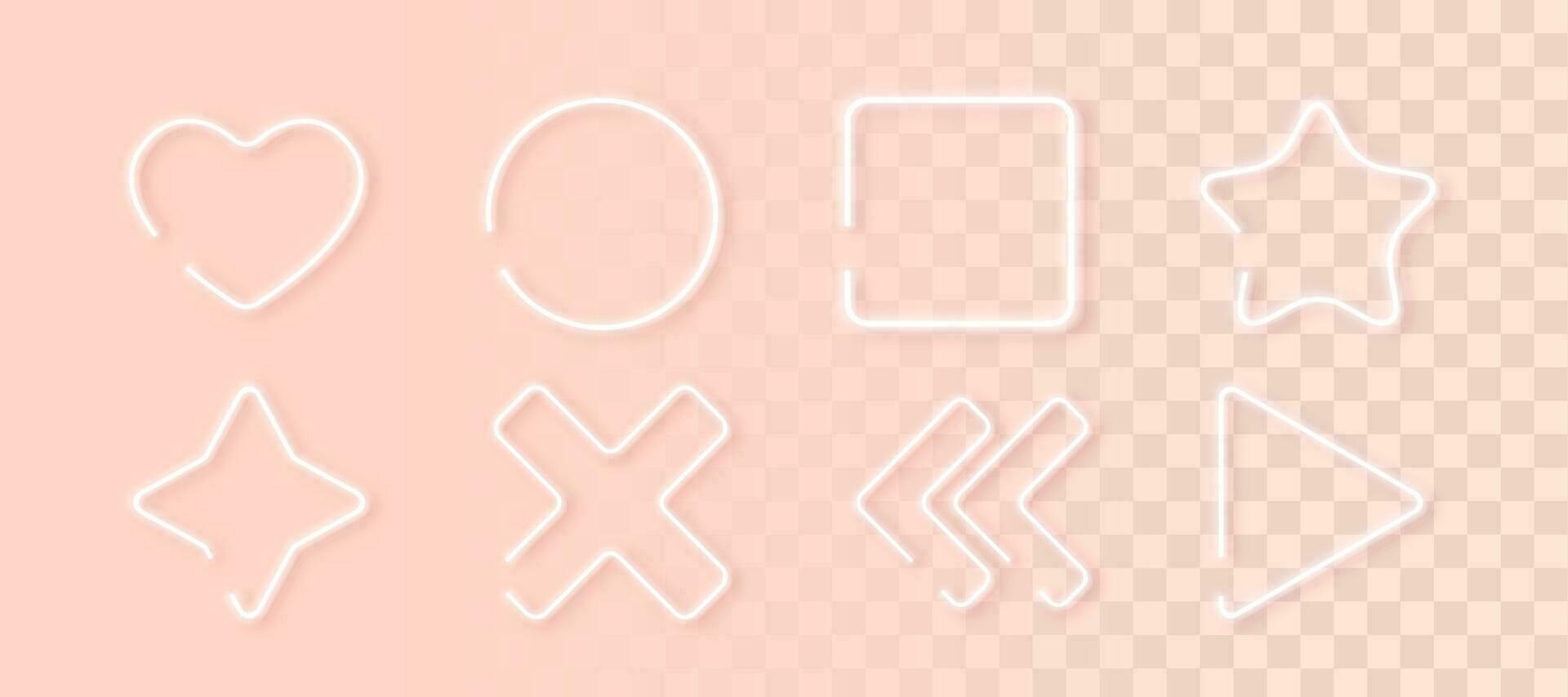 Set of white neon simple geometric shapes for light backgrounds. Collection of glowing frames. Minimal style. Vector illustration