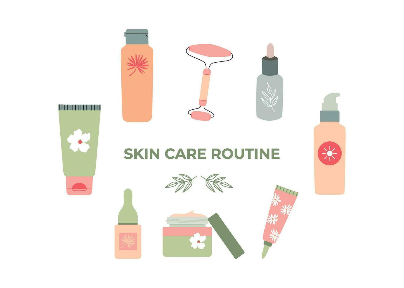 Everyday skin care routine cosmetics. Icons, doodles. Facial roller, serum, cleanser, moisturizer, toner, cream, sunscreen. Beauty procedure. Anti-age. Cosmetic bottles, jars, tubes. vector