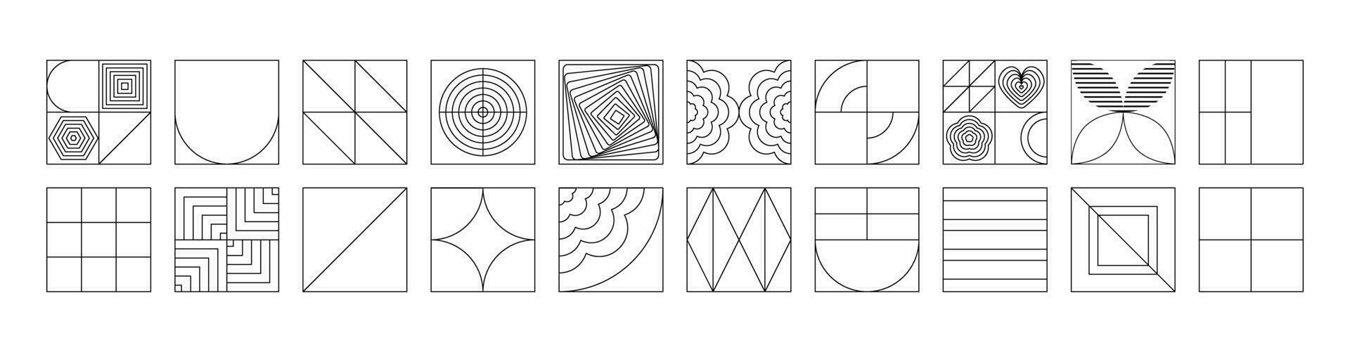 Linear modern geometric tiles. Abstract line art blocks, shapes, figures, flowers. Optical illusions. Bauhaus. Mid century modern. vector