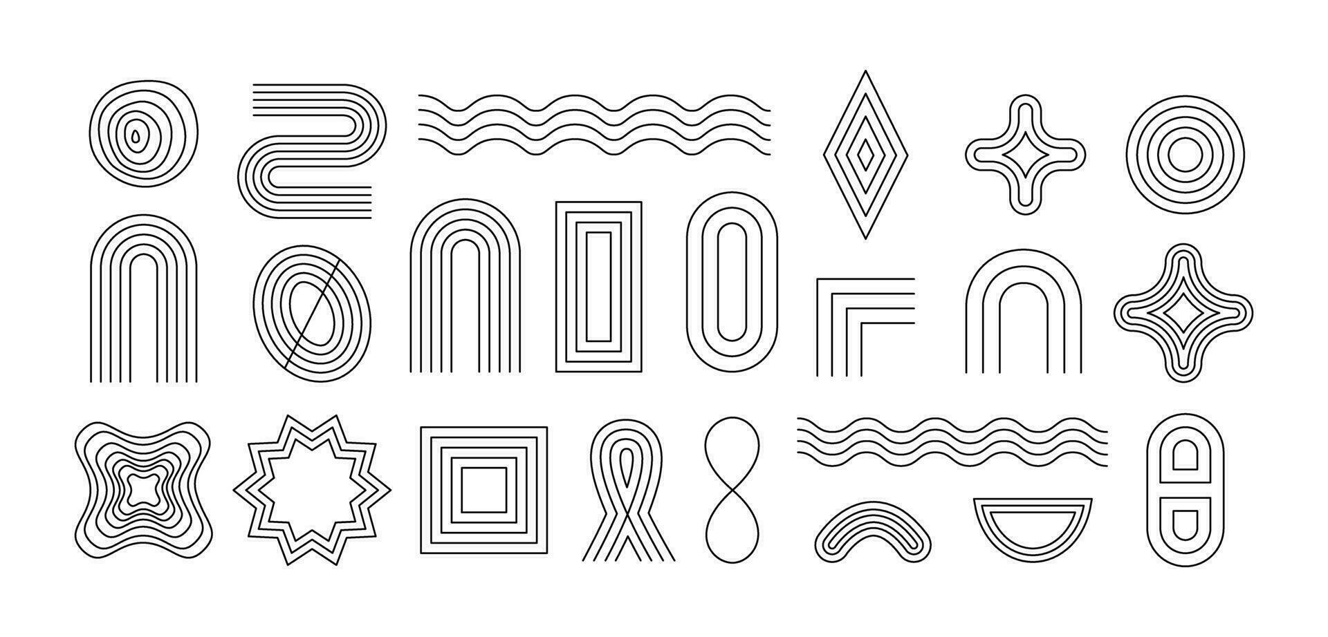 Linear abstract shapes. Mid century modern. Line art. Outline striped figures, elements. Playful geometry. vector