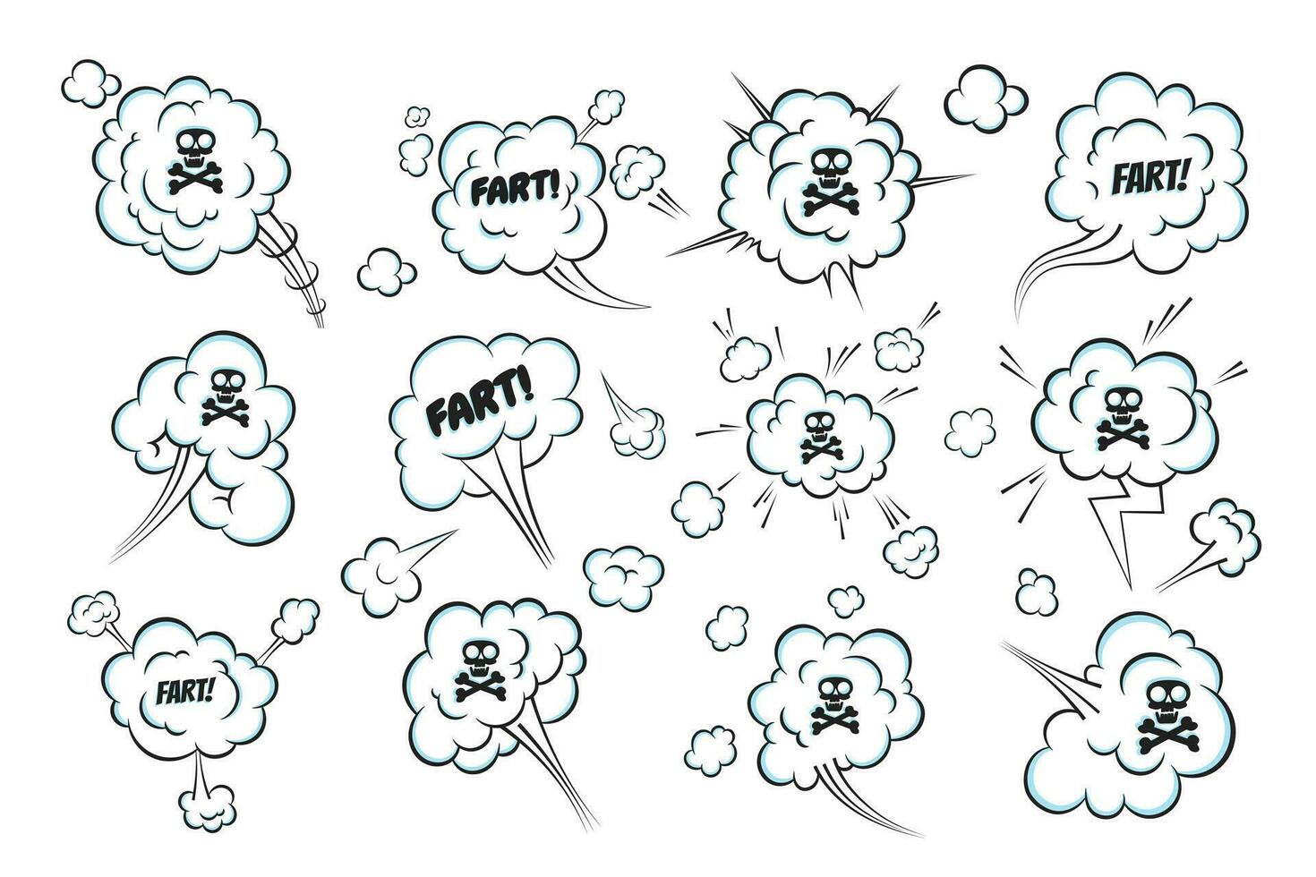 Smelling pop art comic book cartoon fart cloud flat style design vector illustration set.