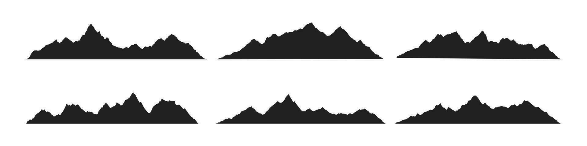 Mountain ridges peak silhouettes flat style design vector illustration set isolated on white background. Rocky mountains peaks with various ranges outdoor nature landscape background design elements.