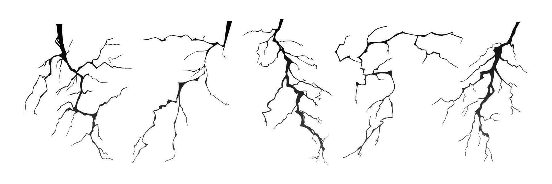 Lightning strike bolt silhouettes vector illustration set.