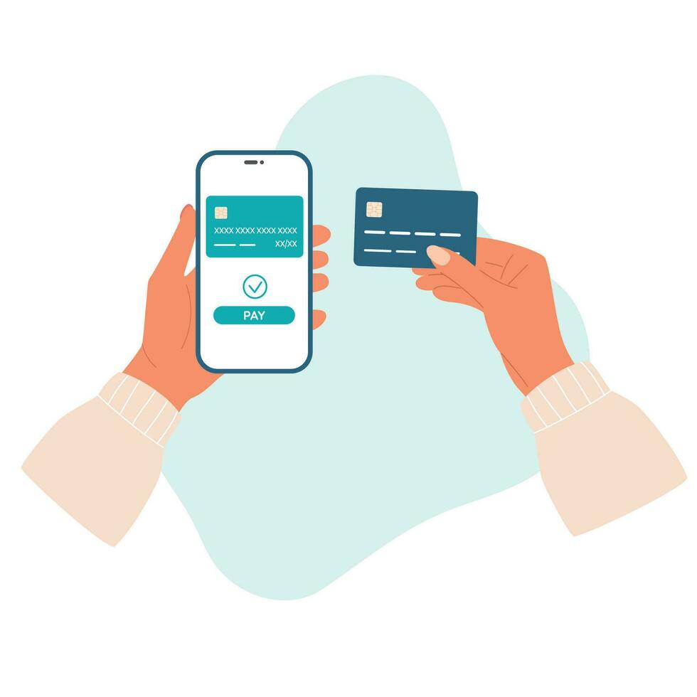 Wireless payment by credit card. Hand with smartphone. Online shopping by phone and connected card. Vector