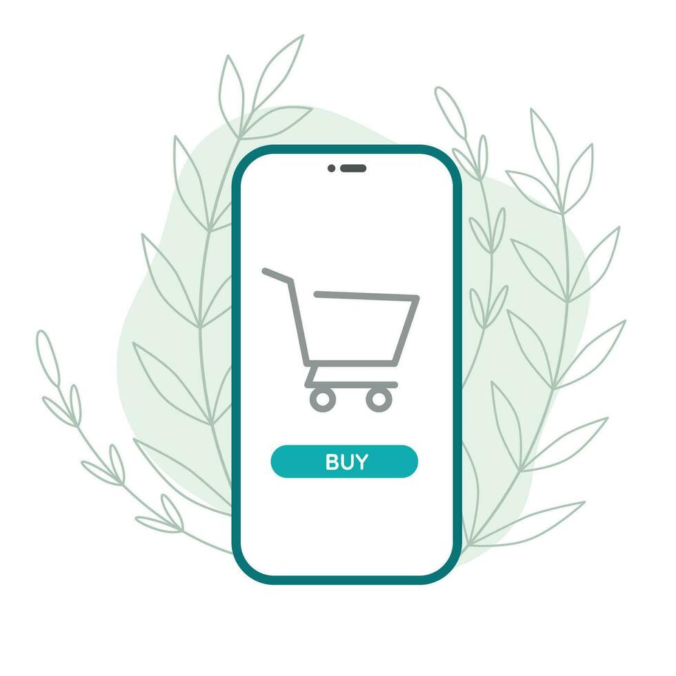 Online shopping via phone. Basket icon on screen. But button for order. Flat vector illustration