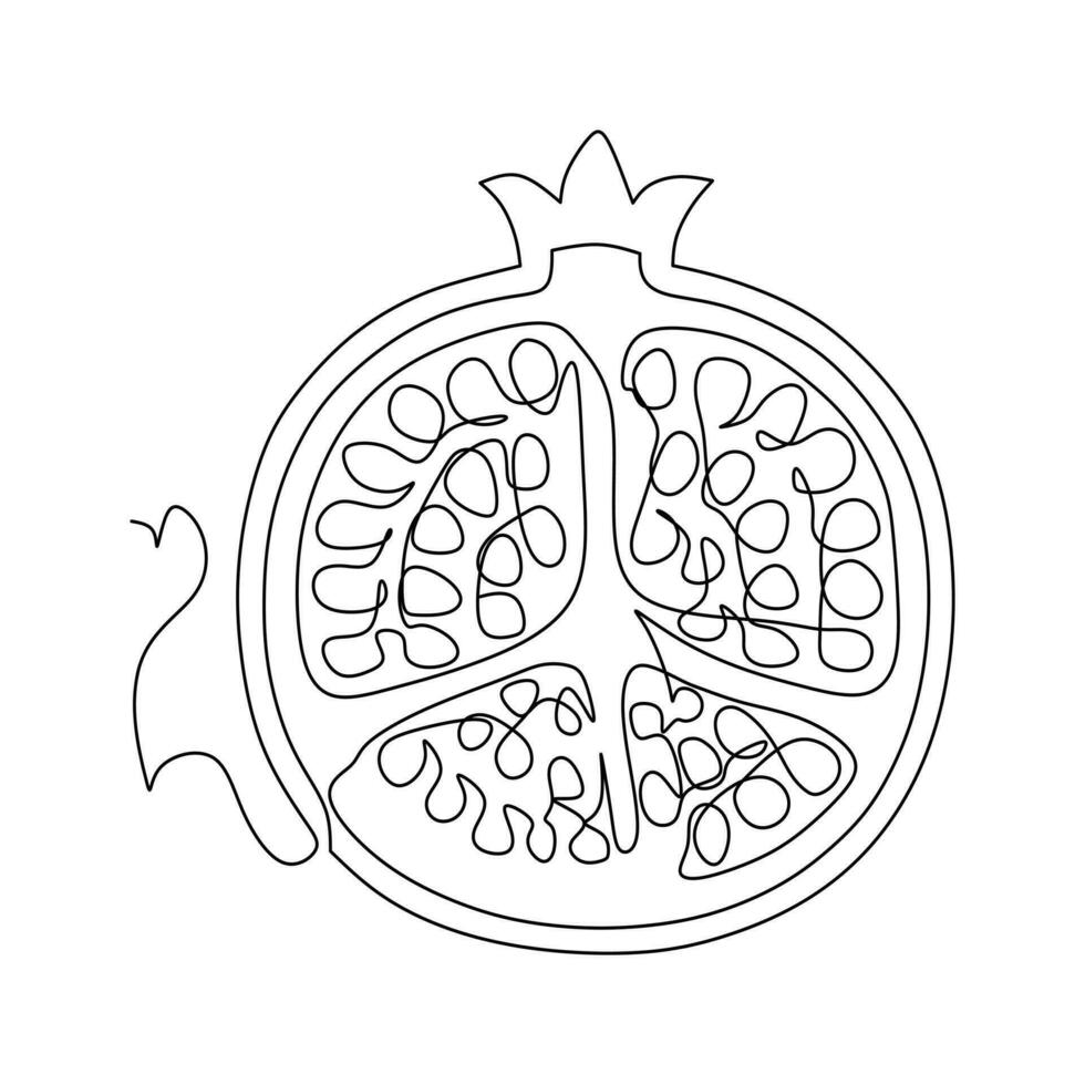 One single line drawing of half sliced healthy organic pomegranate for orchard logo identity. Fresh fruitage seed concept for fruit garden icon. Modern continuous line draw design vector illustration
