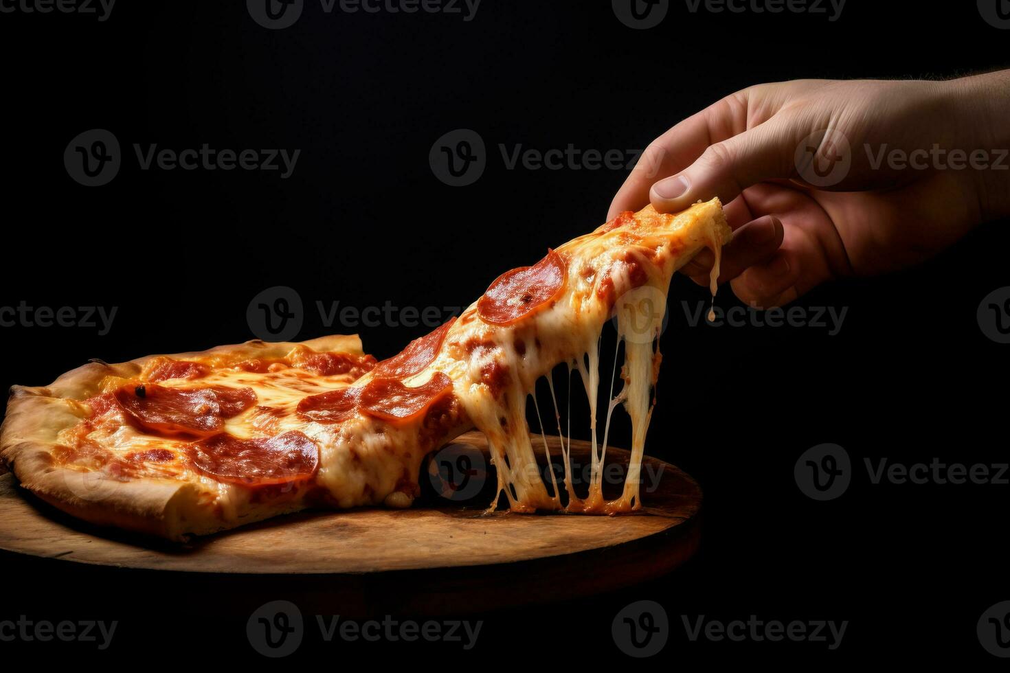 AI generated Hand taking slice of pepperoni pizza from wooden board on black background photo