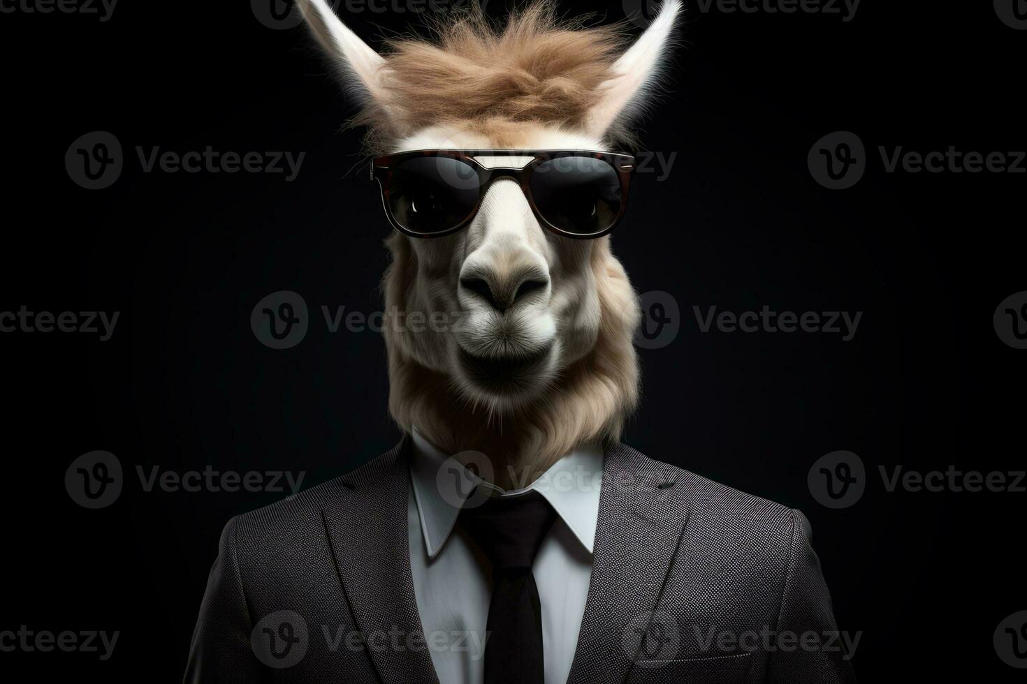 AI Generated Portrait of a fashionable llama wearing sunglasses on a black background. photo