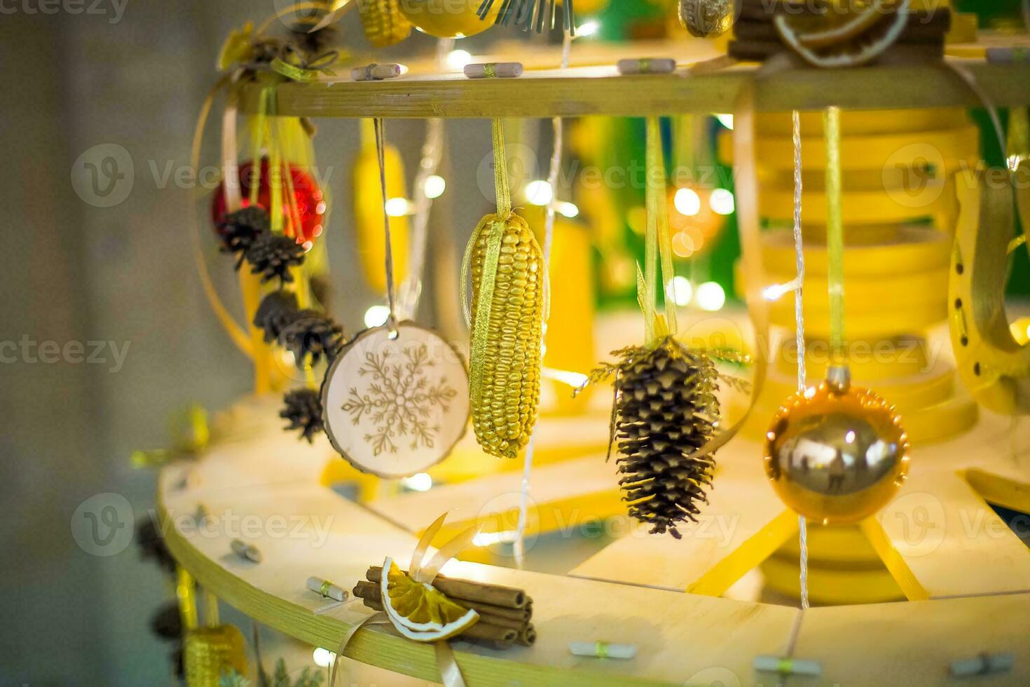 Unusual Christmas decorations with real fruits and vegetables photo